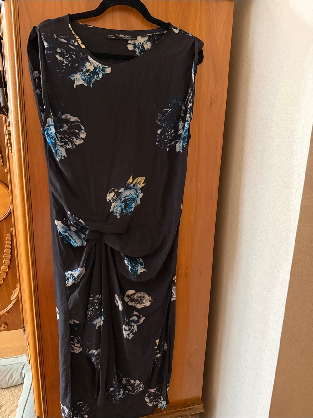 All Saints Black silk Maxi Dress with Blue Floral Print